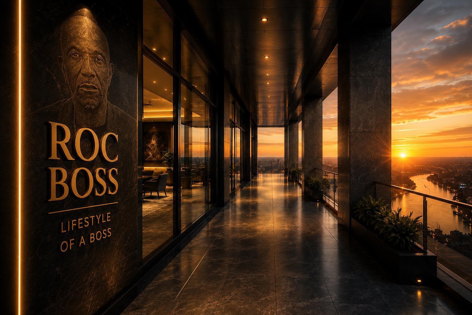 Roc Boss terrace overlooking the city at sunset