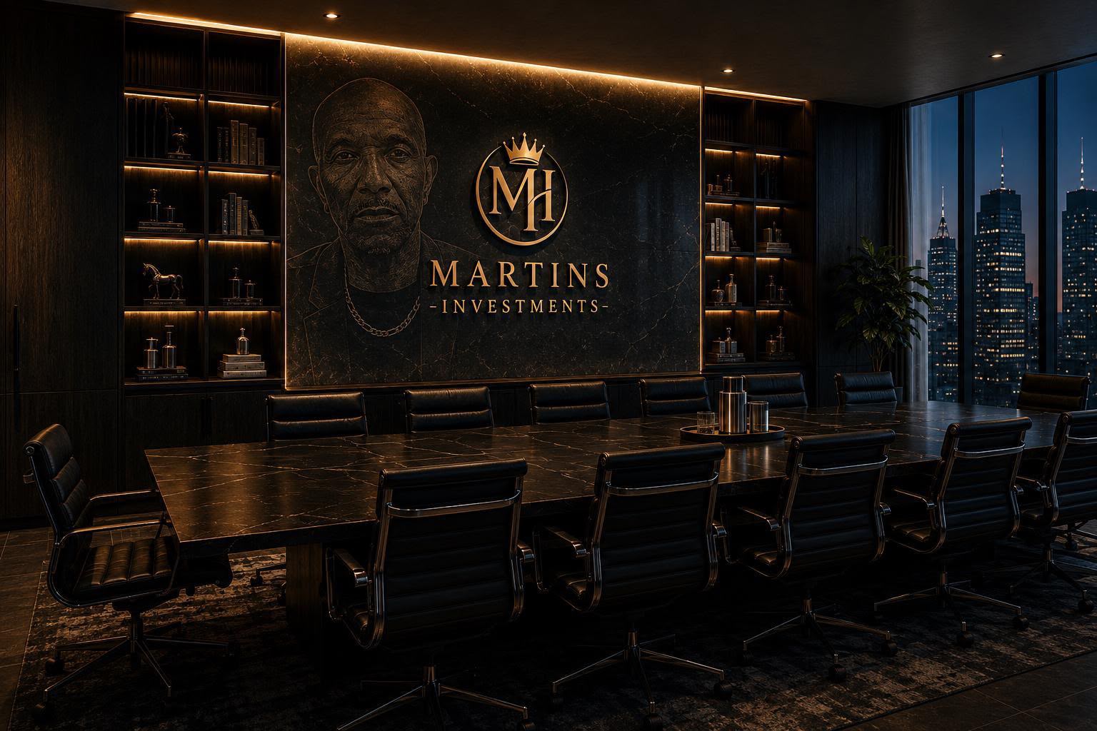 Martins Investments conference room and founder feature wall