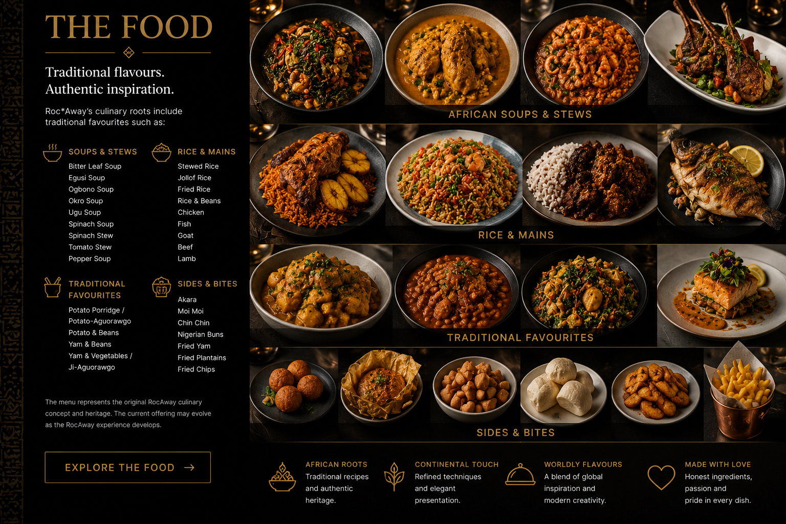 Roc*Away traditional African food menu and culinary selection